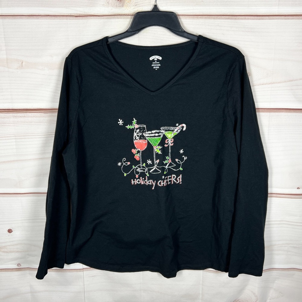 Holiday Time Top Womens 3X Black Holiday Cheer Cocktails Graphic T-Shirt V-Neck